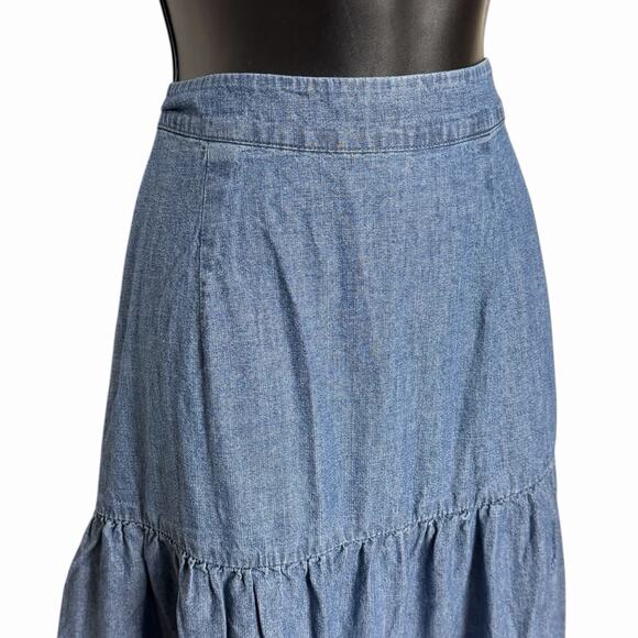 ST JOHNS BAY DENIM TIERED RUFFLE MAXI SKIRT WESTERN BOHO COTTAGE COTTON SIZE M - Picture 2 of 5